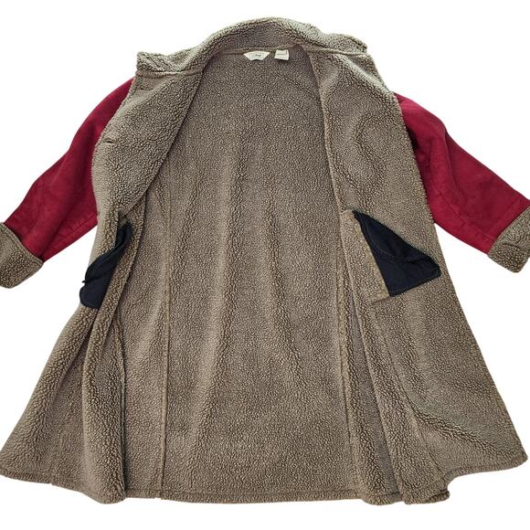 LL Bean Coat Womens XL Red Tan Faux Suede Sherpa Lined Button Long Bohemian Boho - Picture 3 of 11